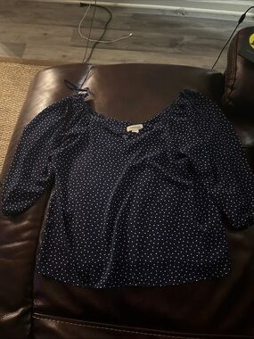 Monteau Navy and White Polka Dot Off-Shoulder Blouse